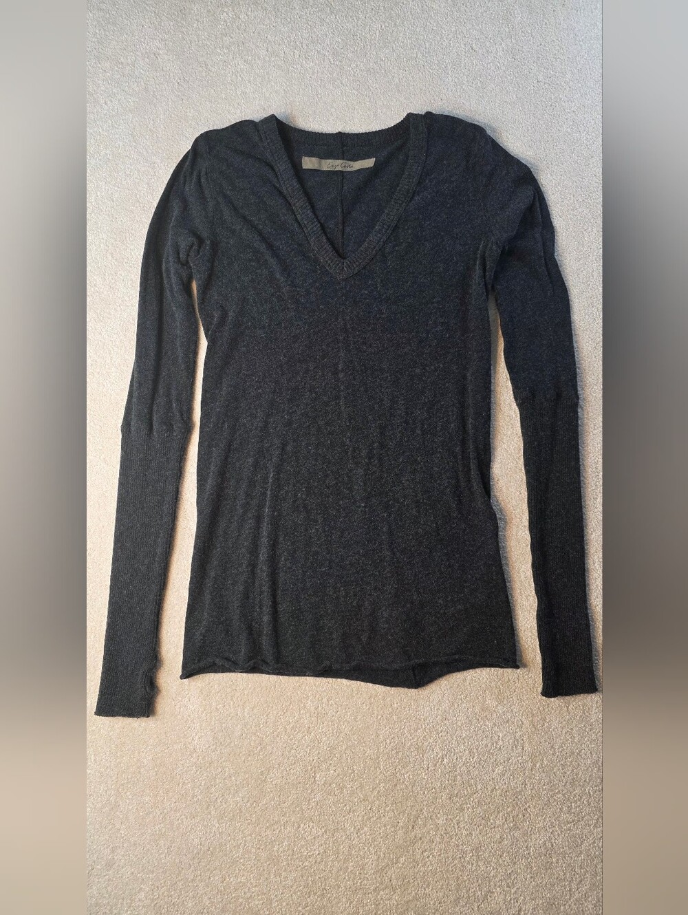 Enza Costa Grey Cashmere Easy Cuffed U Top Ribbed Cuffs Thumbholes Womens M